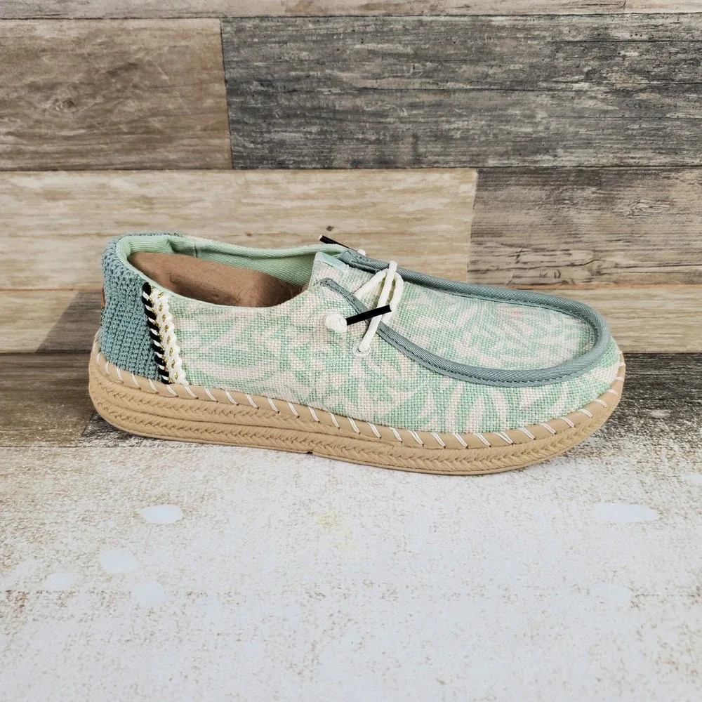 Hey Dude Wendy Espadrille Retro Palm Womens Loafer Shoe Sz 7 Celadon Green White